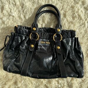 Vintage Miu Miu Black Vitello Leather Gathered Tote Italy